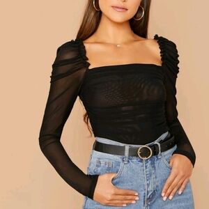 Mesh ruffle top sheer black
